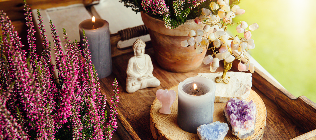Spiritual decor with buddha and crystals for Reiki Business