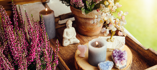 Spiritual decor with buddha and crystals for Reiki Business
